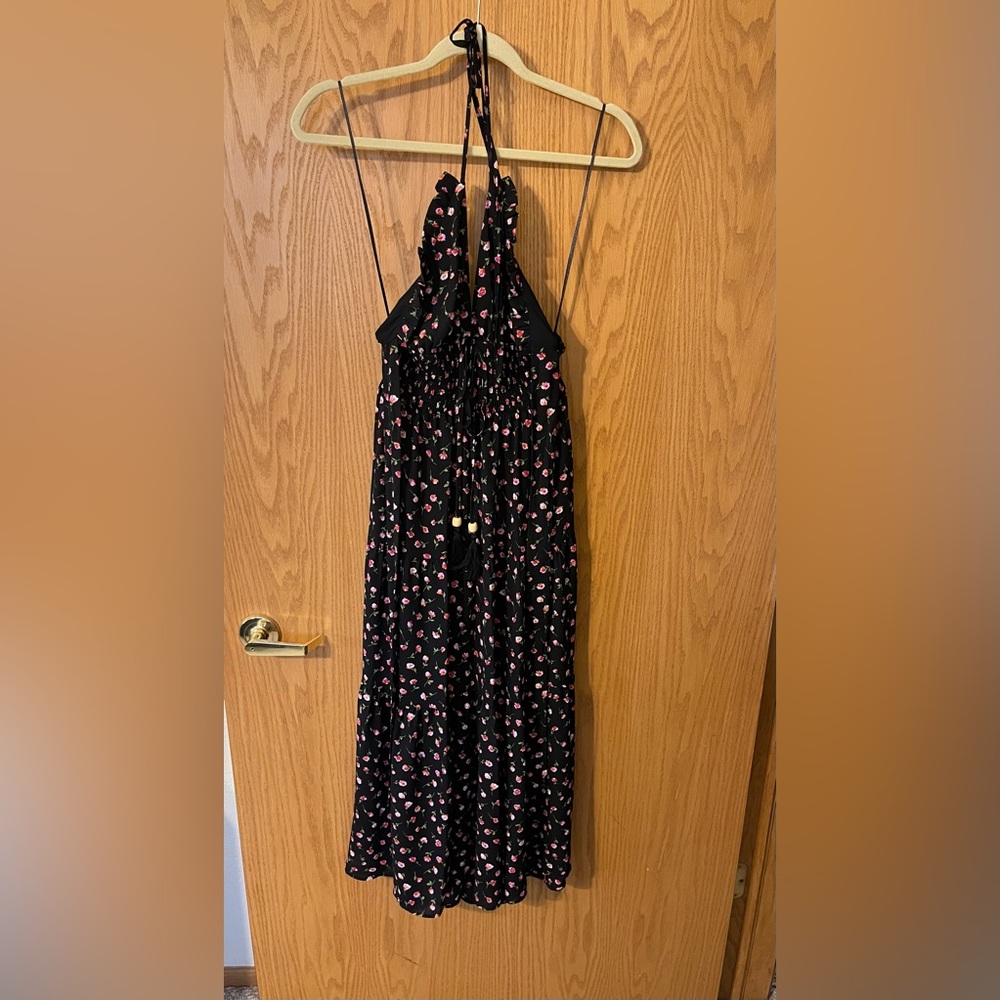 Chelsea & Violet Black Halter Maxi Dress with Pink Floral Accents